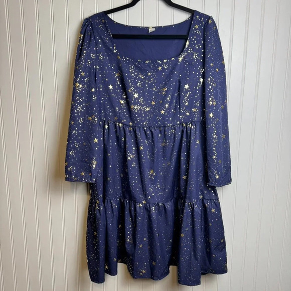 Navy Gold Stars Tiered Dress Square Neck, Women's XL F41 - Picture 1 of 4